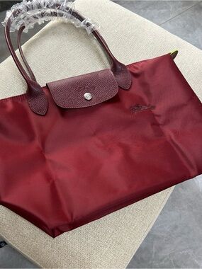 Longchamp Burgundy Le Pliage Medium Tote with Leather Trim